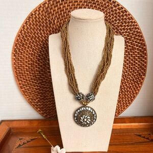 VTG Artisan MOP Inlay Mosaic Pendant Necklace Brass Glass 17-19”